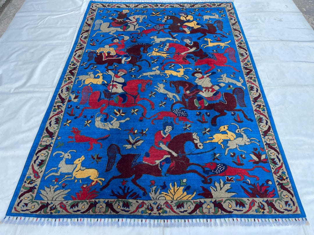 Afghan Pictorial Hunting Rug, 5'6x7'11 Handmade Wool Rug, Turquoise ...