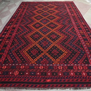 8.5x16.7 ft Afghan Vintage Handmade Ghalmoori Kilim Rug-Handmade Old Wool Flatweave Rug-Red Large Area Rug-Turkmen Tribal Rug-Home Decor Rug