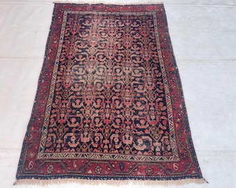 4x6 Dark Blue Antique Rug, Hand Knotted Wool Rug, Caucasian Design Rug, Afghan Area Rug, 1960s Low Pile Rug, Turkmen Tribal Rug, Office Rug,