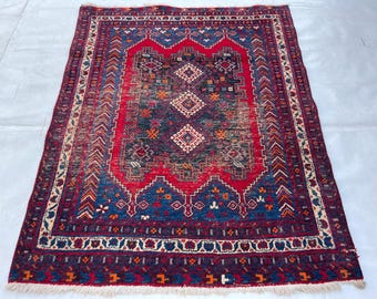 Afghan Handmade Wool, 4x6 Terracotta Caucasian Rug, Geometric Design Oriental Rug, Turkish Vintage Rug, Turkmen Tribal, Living Office Rug,