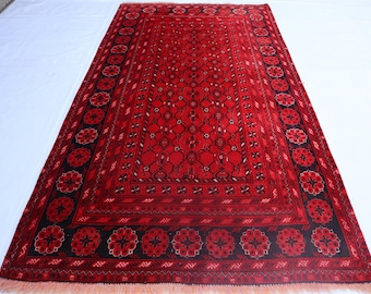 アフガンバシャーレッドラグ、4x6インチハンドメイドウールラグ、幾何