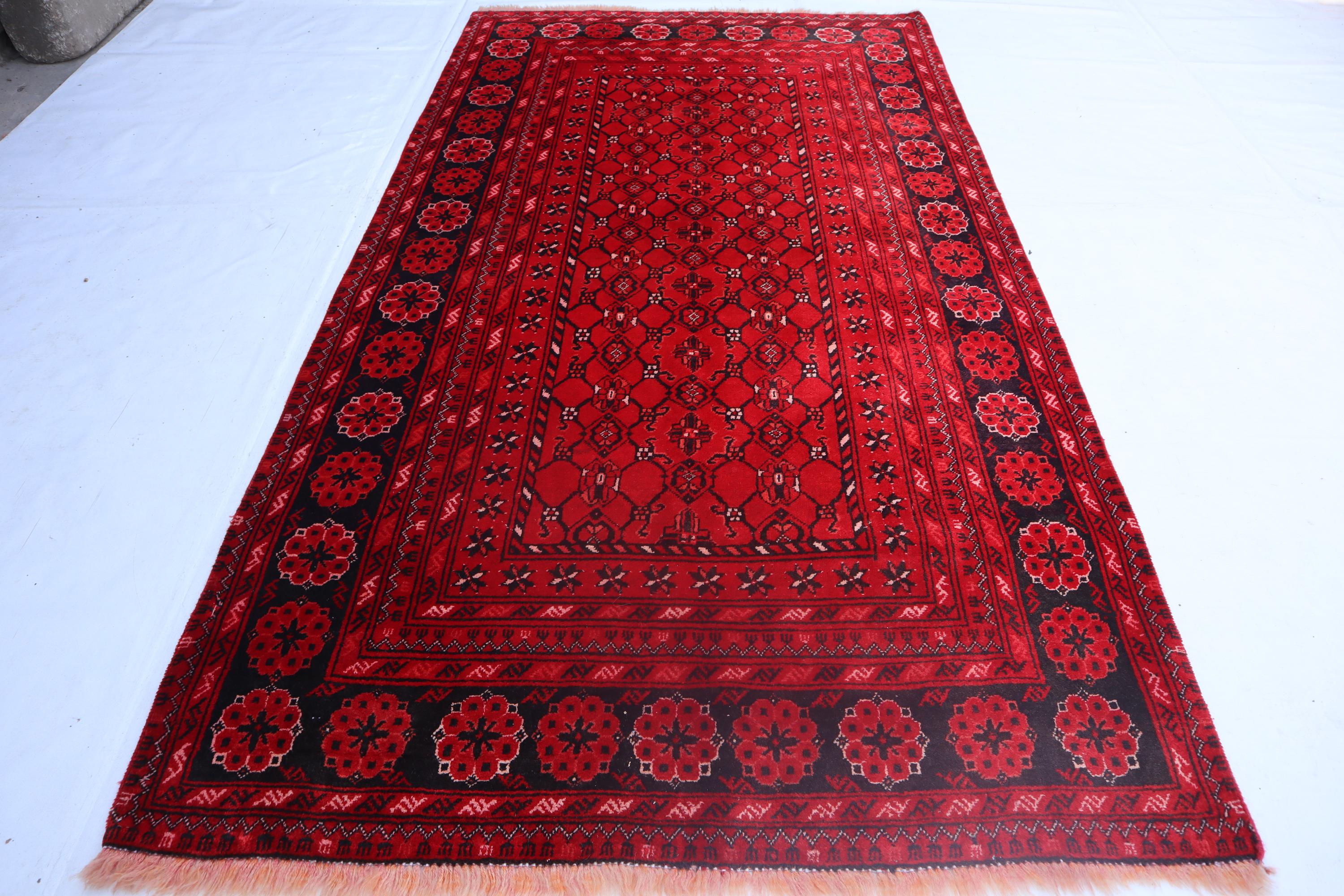 ウール製 赤い幾何学模様ラグ アフガンバシャーレッドラグ、4x6インチハンドメイドウールラグ、幾何