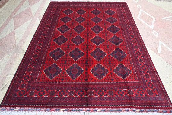 Afghan Bukhara Rug-6.6x9.8 Ft Hand Knotted Wool Red Rug-oriental