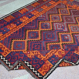 Oriental Antique Kilim- 6.5x9.9 ft Turkmen Ghalmoori Design Kilim Rug- Hand Knotted Wool Red Rug-Afghan Flatweave Rug-Bedroom Decor Rug 7x10