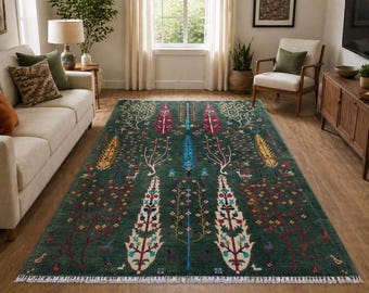 Afghan Green Tribal Rug, 5x8 Hand Knotted Wool Rug, Pictorial Modern Rug, Tree Of Life Birds Rug, Vegetable Dyes Rug, Rug For Living Room,