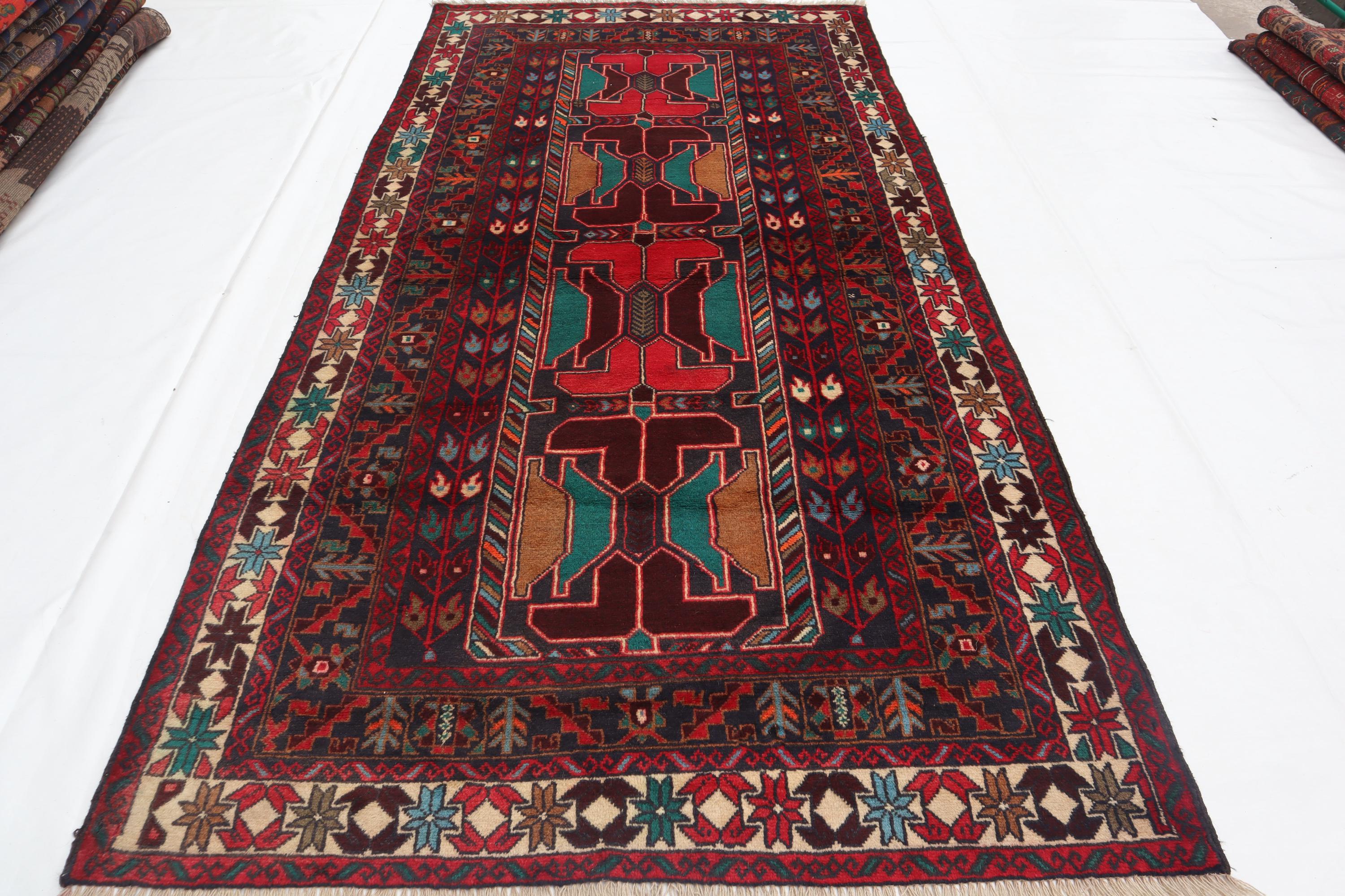 アンティークな幾何学模様のラグ、4x8アフガン民族ラグ