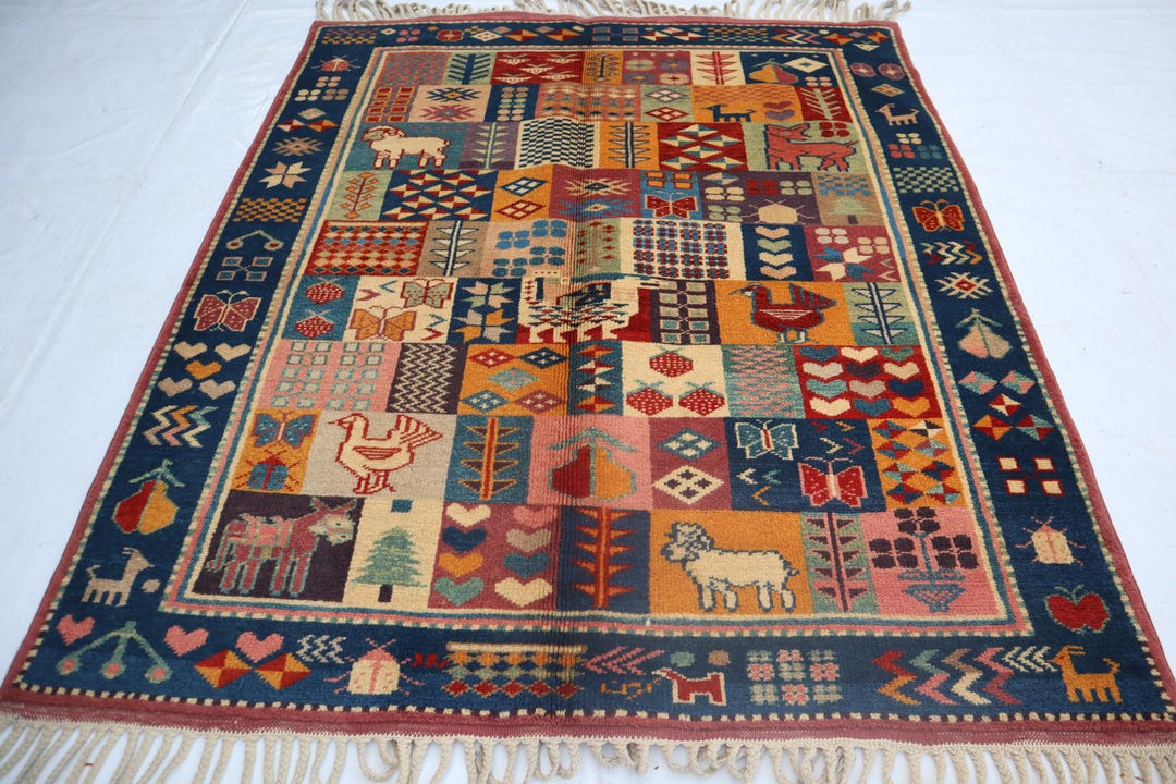 4x5 Unique Pictorial Rug, Multi Color Rug, Handmade Wool Rug, Tribal ...