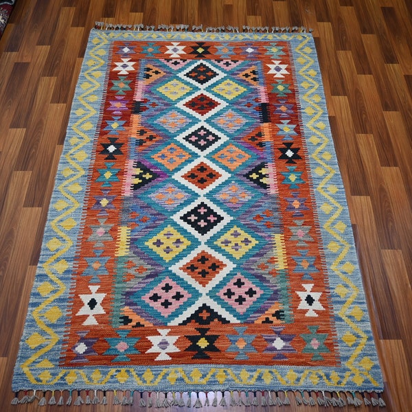 3x6 Handmade Afghan Geometric Maimana Kilim Rug- 3.11x5.11 ft Hand Knotted Natural Wool Rug-Oriental Turkmen Tribal Flatweave Rug-Office Rug