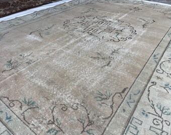 Afghan Vintage Rug, 7x9 Handmade Wool Rug, Low Pile Faded Rug, Geometric Design Rug, Turkmen Tribal Rug, Hand Knotted Rug, Dining Table Rug,