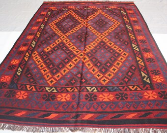 Geometric Design Vintage Rug, 6x8 Handmade Wool Rug, Flatweave Kilim Rug, Afghan Oriental Red Rug, Turkmen Tribal Rug, Rug For Dining Room,