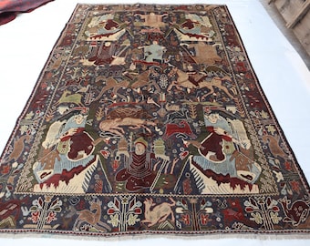 6x9 Antique Shikari Rug, Handmade Wool Rug, Turkmen Tribal Rug, Pictorial Hunting Rug, Afghan Area Rug, Persian Oriental Rug, Bedroom Rug,
