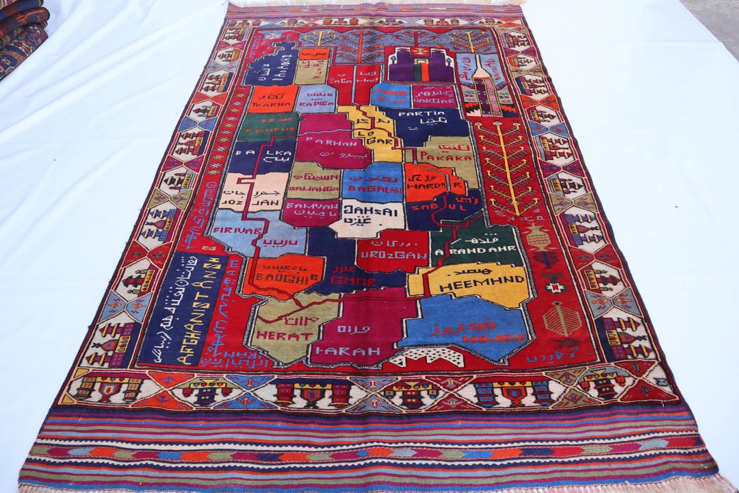 Afghanistan Map Pictorial Rug, 4x7 Handmade Wool Rug, Traditional Area ...