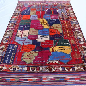 Afbeelding van de kaart van Afghanistan, 4 x 7 handgemaakt wollen tapijt, traditioneel tapijt, zacht fijn veelkleurig tapijt, oosters vintage tapijt, vloerkleed als wanddecoratie,