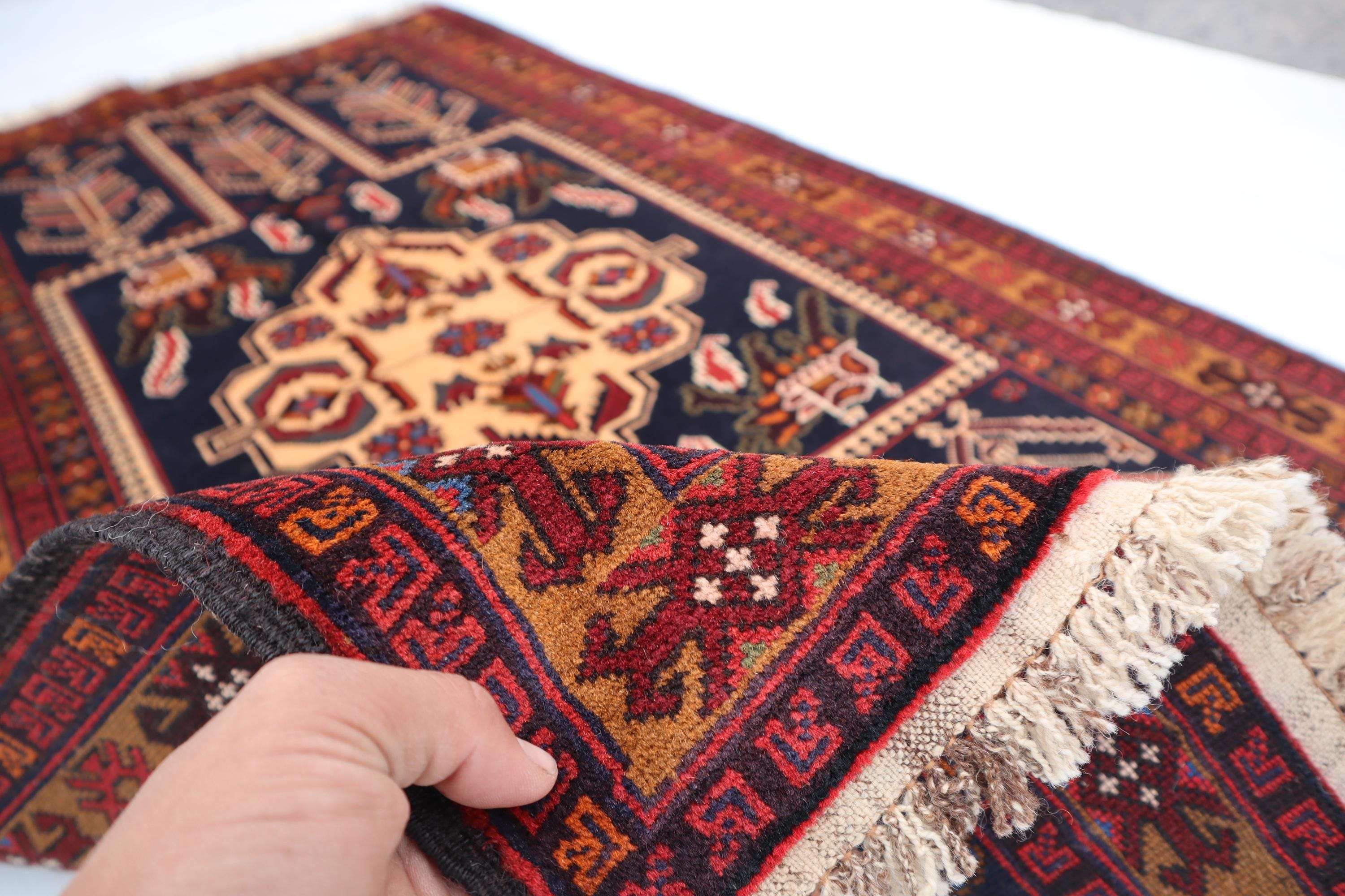 アフガニスタンのヴィンテージブルーラグ、3x5インチのハンドメイド