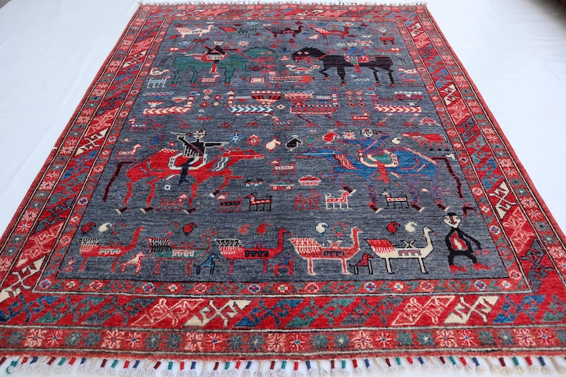 Afghan Pictorial Modern Rug, 4x5 Hand Knotted Wool Rug, Animal Hunting ...