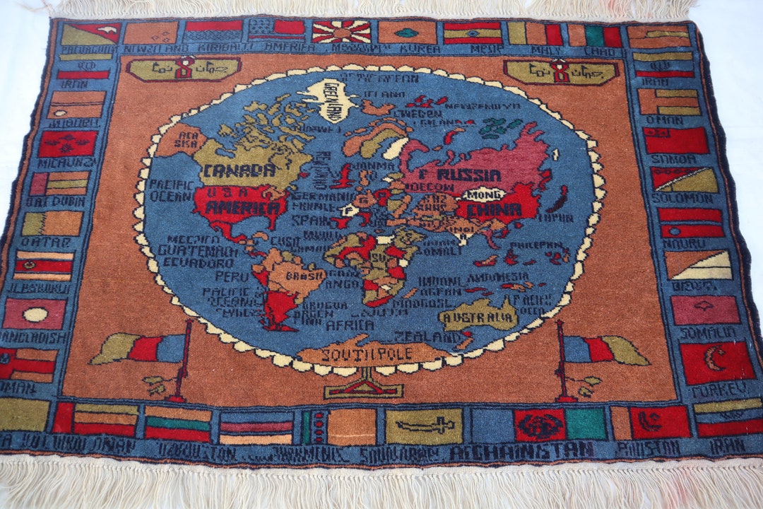 Afghan World Map Rug, 4x2 Handmade Wool Rug, Pictorial Oriental Small ...