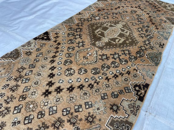 Afghan Vintage Rug, 3x7 Handmade Wool Rug, Terracotta Caucasian Rug, Low Pile Orange Rug, Hallway Runner Rug, Turkmen Tribal Rug, Office Rug