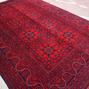 6x8 ft Oriental Bukhara Khamiyab Rug- Afghan Area Rug- 5.8x7.8 ft Handmade Organic Wool Red Rug- Turkmen Tribal High Quality High Pile Rug