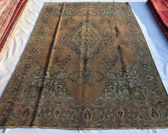 Afghan Antique Rug, 7x10 Handmade Wool Rug, Terracotta Caucasian Design, Low Pile Faded