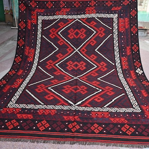 Afghan Geometric Ghalmoori Kilim Rug- 8.5x10.10 ft Handmade Old Wool Flatweave Rug-Traditional Turkmen Dark Red Area Dining Table Rug- 8x11