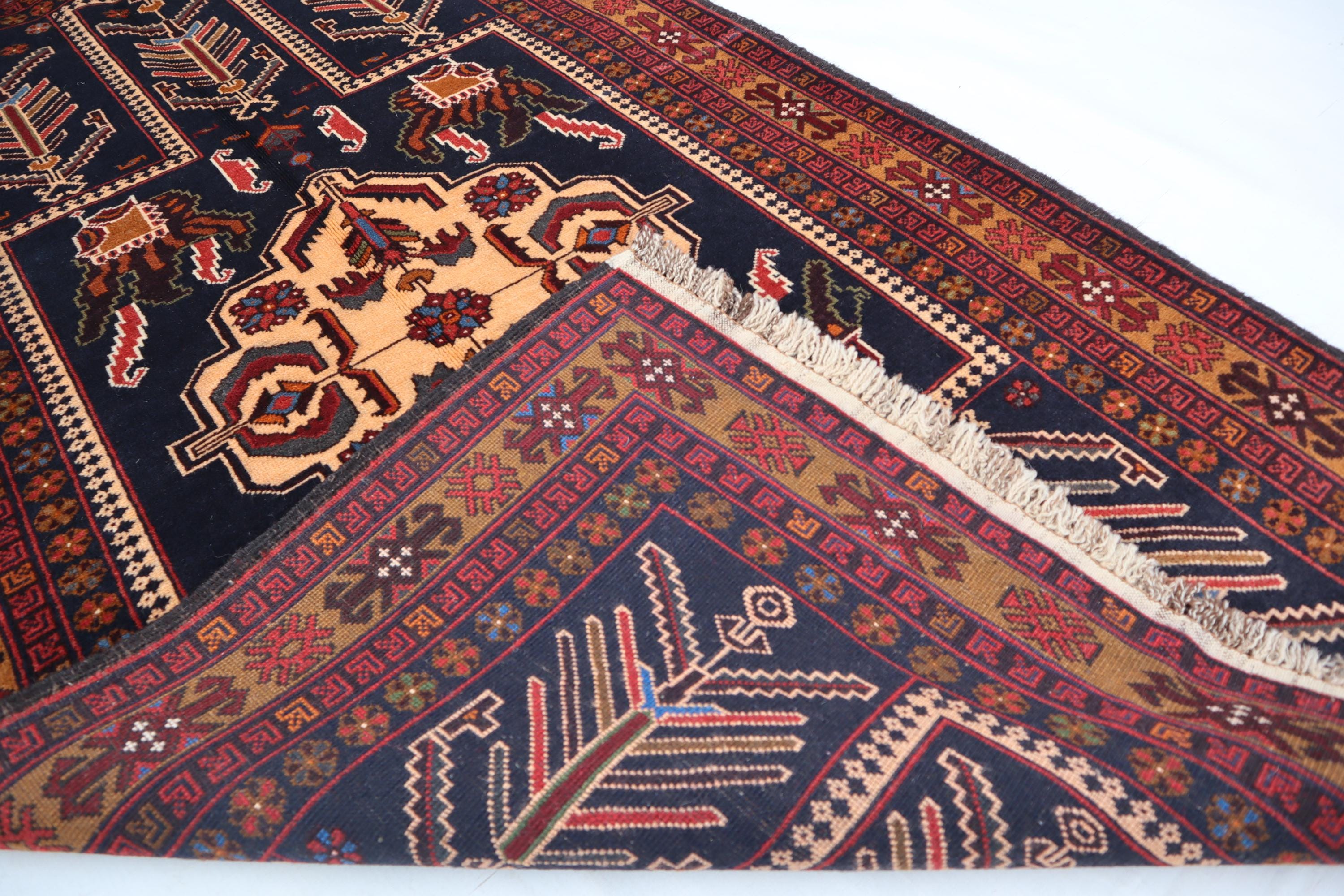 アフガニスタンのヴィンテージブルーラグ、3x5インチのハンドメイド