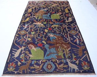 アフガニスタンの絵画的ラグ：4x7インチのヴィンテージ手織り