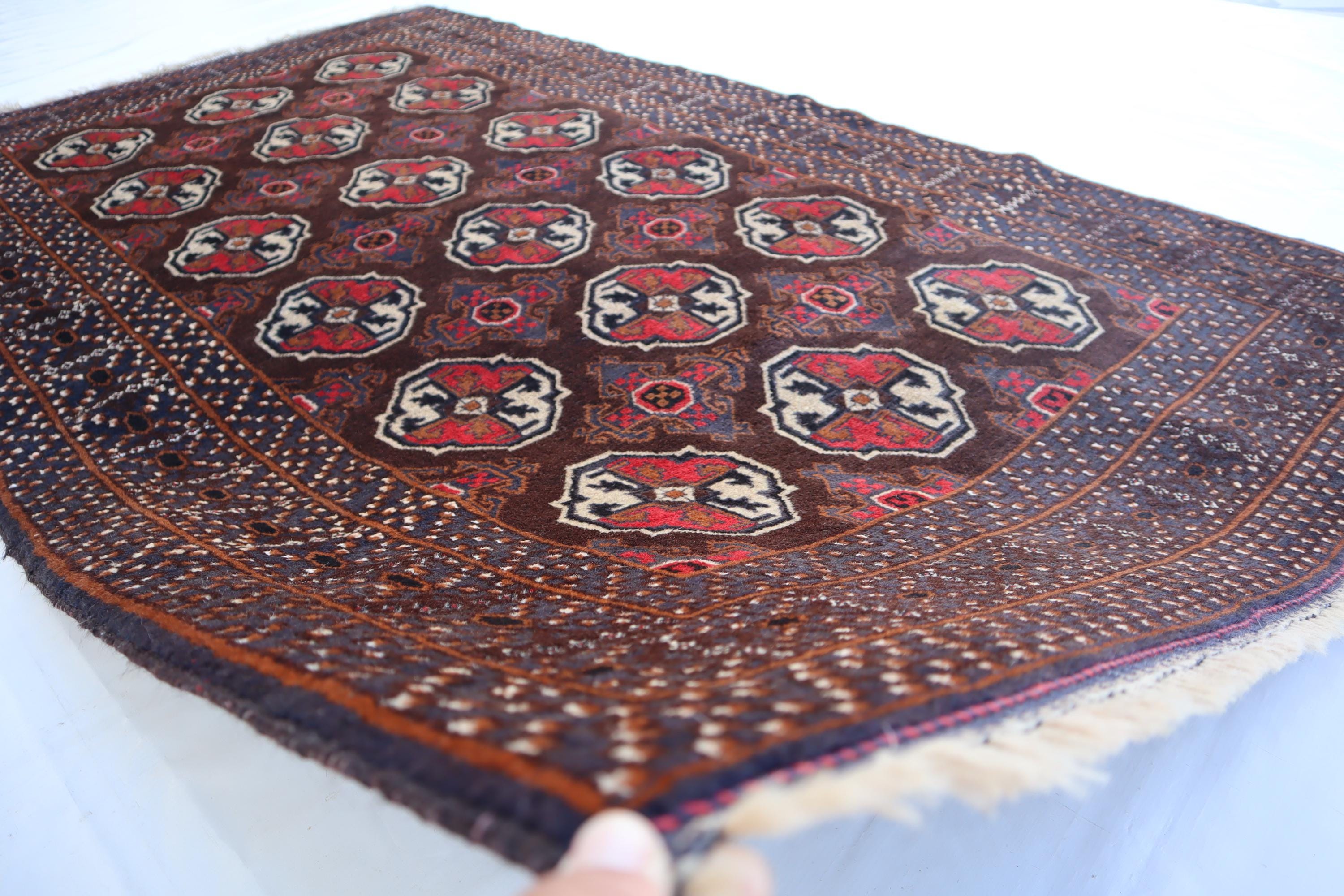 アフガニスタンのヴィンテージラグ、4x7インチのハンドノットウール