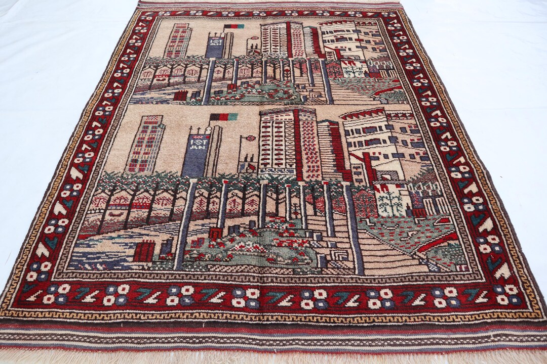 City Pictorial Art Rug, 4x5 Handmade Wool Rug, Soft Fine Balochi Rug ...
