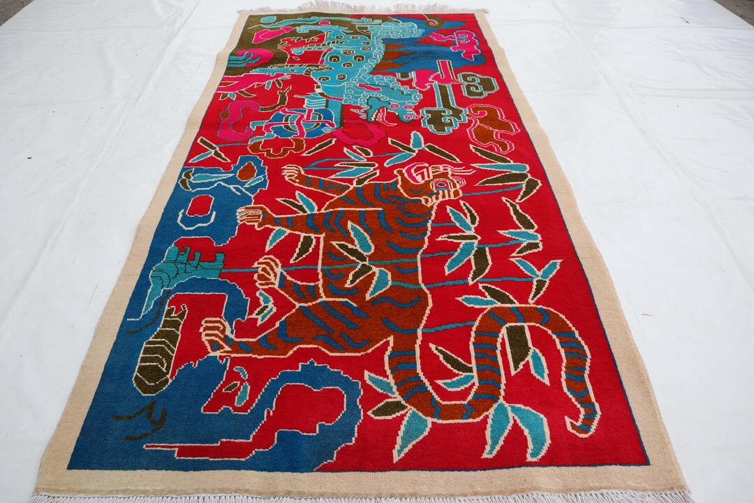 Afghan Hunting Red Rug, 3x6 Handmade Wool Rug, Organic Dye Rug