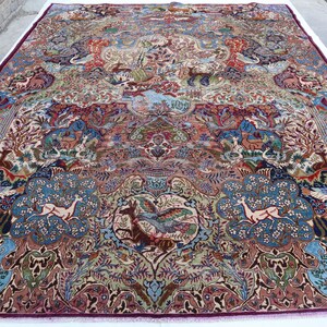 10x13 Large Pictorial Rug, Tribal Vintage Rug, One Of A Kind Shikari Rug, Turkmen Handmade Wool Rug, Animal Pictorial Rug, Living Room Rug,