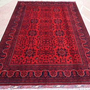 Afghan Bukhara Rug- 5.6x8.1 ft Hand Spun Wool Rug- High Quality High Pile Red Area Rug- Oriental Turkmen Tribal Rug- Bedroom, Office Rug 6x8