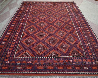 8.10x12.3 ft Antique Ghalmoori Design Kilim Rug- Afghan Handmade Old Wool Red Rug- Oriental Flatweave Rug-Turkmen Tribal Rug-Living Room Rug