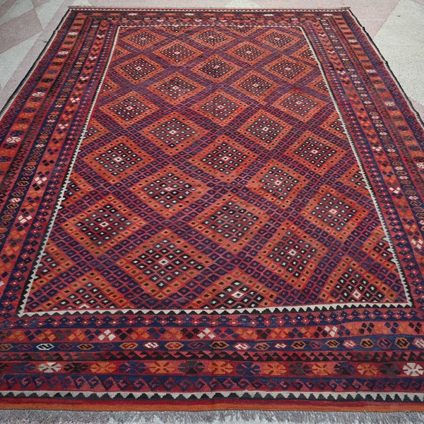 8.10x12.3 ft Antique Ghalmoori Design Kilim Rug- Afghan Handmade Old Wool Red Rug- Oriental Flatweave Rug-Turkmen Tribal Rug-Living Room Rug