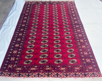 Vintage Afghan Mowri Rug, 6x9 ft Handmade Wool Rug, Geometric Design Rug, Turkmen Tribal Rug, Low Pile Red Rug, Living Room Bedroom Rug,