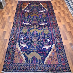 Antique Pictorial Rug 4x8 Geometric Baluchi Vintage Rug- Afghan Handmade Wool Soft Pile Rug- Oriental Turkmen Area Rug- Office Kids Room Rug