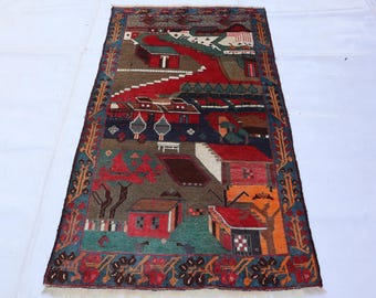 動物の絵柄が描かれた青いラグ、3x5インチのハンドメイドウールラグ