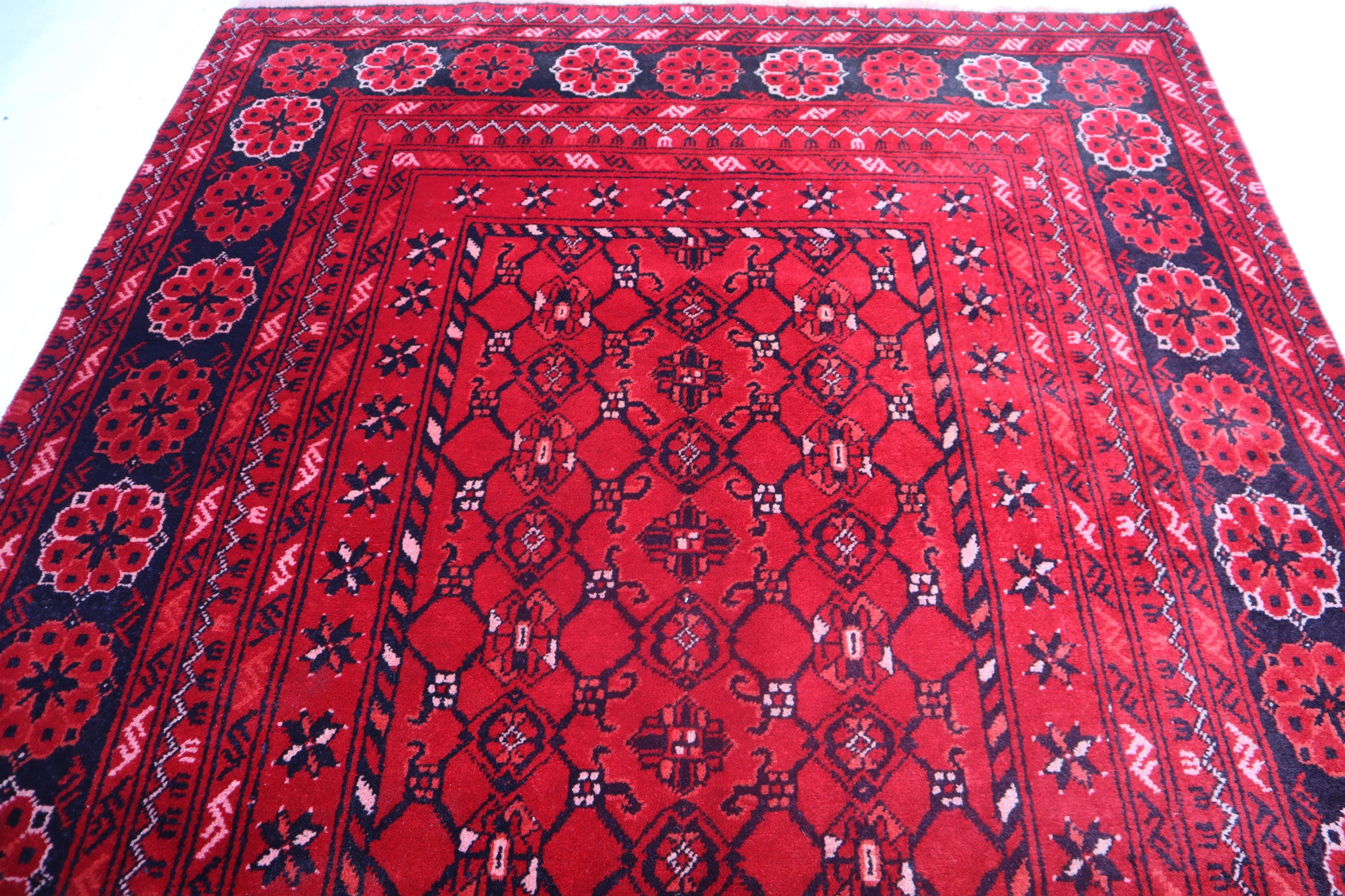 アフガンバシャーレッドラグ、4x6インチハンドメイドウールラグ、幾何