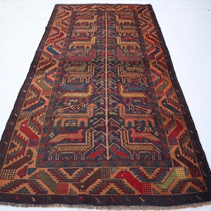 Afghan Pictorial Rug, 4x7 Handmade Wool Rug, Turkmen Tribal Rug, Collector Piece Rug, Rug For Dining Table, 110x220 cm Carpet, Office Rug,