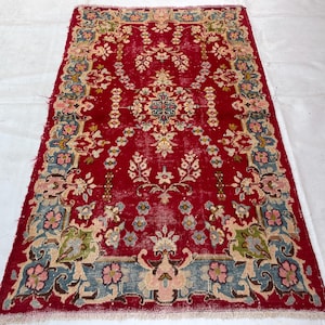 Afghan Tribal Vintage Rug, 3x5 Handmade Wool Rug, Geometric Floral Design Rug, Low Pile Red Rug, 1960s Antique Rug, Rug For Living Room,