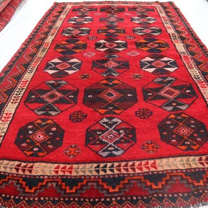 Red Area Antique Rug, 5x9 Handmade Wool Rug, Geometric Caucasian Design Rug, Traditional Area Rug, Soft Pile Fine Blue Rug, Rug For Bedroom,
