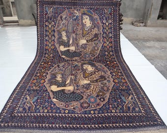 アフガニスタンの絵画的ラグ：4x7インチのヴィンテージ手織り