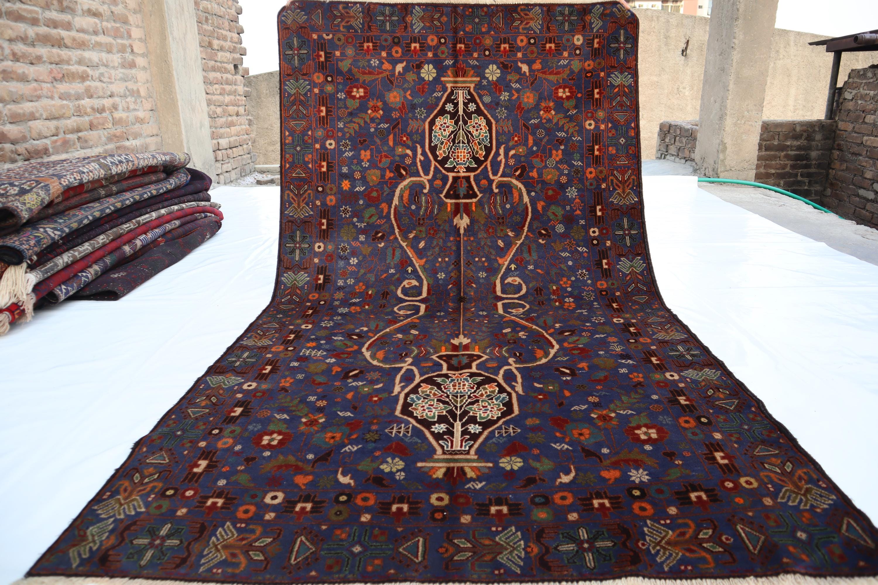 アフガニスタンのヴィンテージラグ、4x7インチのハンドメイドウール