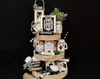 Farmhouse Tier Tray Decor, Buffalo Check Farmhouse Tiered Tray, Mini Farm signs.