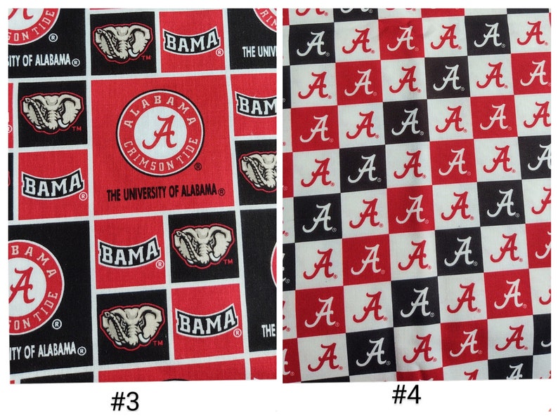 Puede incluir: Dos muestras de tela con diferentes patrones. La primera muestra presenta un patr&oacute;n rojo y negro con el logotipo de la Universidad de Alabama, las palabras "BAMA" y "Crimson Tide", y un elefante. La segunda muestra presenta un patr&oacute;n a cuadros rojo, negro y blanco con la letra "A" repetida en todo.