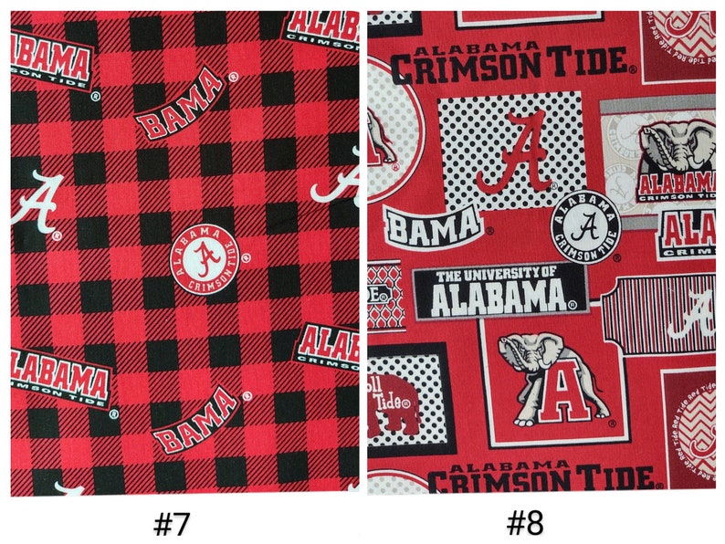 Puede incluir: Dos muestras de tela con un patr&oacute;n de cuadros rojos y negros y las palabras "Alabama Crimson Tide" y "Bama" repetidas. La segunda muestra tiene un dise&ntilde;o m&aacute;s detallado con un elefante y las palabras "The University of Alabama".
