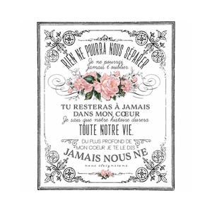 May include: A rectangular print featuring black French text and a central cluster of pink roses with green leaves. The text reads: RIEN NE POURRA NOUS SÉPARER, Je ne pourrai jamais t'oublier, TU RESTERAS À JAMAIS DANS MON CŒUR, Je sais que notre histoire durera TOUTE NOTRE VIE, DU PLUS PROFOND DE MON COEUR JE TE LE DIS, JAMAIS NOUS NE nous éloignerons.
