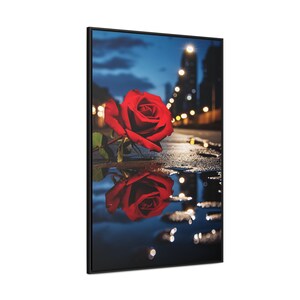 City street night landscape rose reflecting in water rose painting floral office décor floral home décor urban décor framed Rose_06