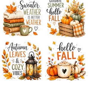 May include: Four autumn-themed digital illustrations featuring text and seasonal motifs. Designs include a stack of sweaters with a mug, pumpkins in a wooden crate, a lantern with fall foliage, and a mug of hot cocoa with pumpkins and leaves.