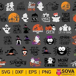 Könnte beinhalten: Eine Sammlung von 30 Halloween-SVG-Schnittdateien mit verschiedenen gruseligen Figuren, Sprüchen und Designs. Die Designs beinhalten Geister, Kürbisse, Hexen, Spinnen und mehr. Der Text enthält Sätze wie "Boo Crew", "Spooky Vibes" und "Trick or Treat".