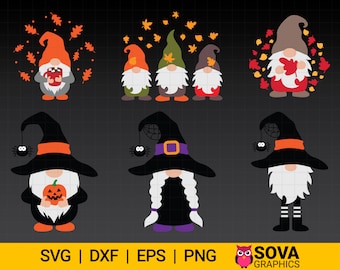 May include: A collection of six gnome illustrations in various autumn and Halloween themes. The gnomes are depicted with fall leaves, holding mugs, and wearing witch hats with spiders. The bottom of the image displays file type options.